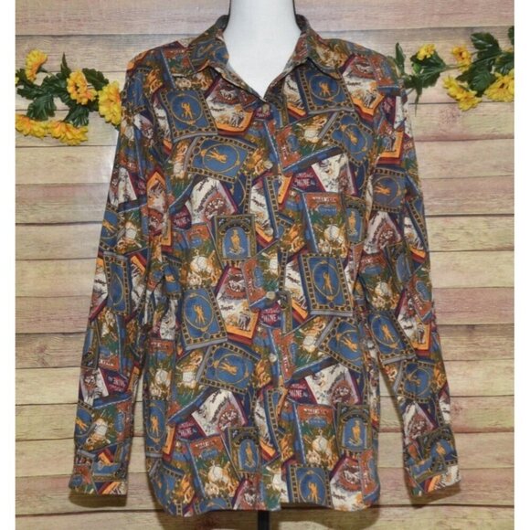 Vintage Eagle River Traders Ladies 16 Brown Print Long Sleeve Button Front Shirt - Picture 1 of 10